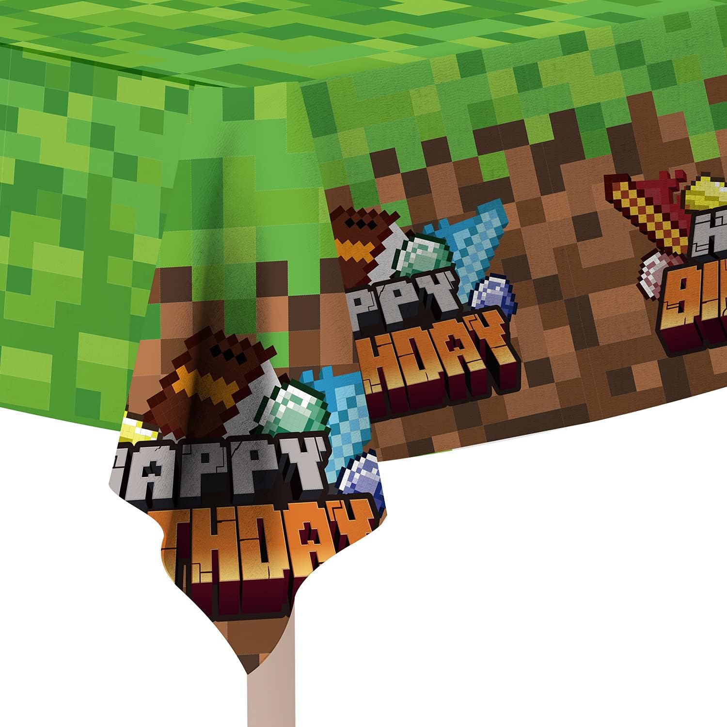 Gatherfun Mining Themed Party Supplies Disposable Tablecloth 2 Pack Pixel Miner Crafting Style Plastic table cover with 10pcs Pixel Balloons for Birthday Party Video Game Party Decorations
