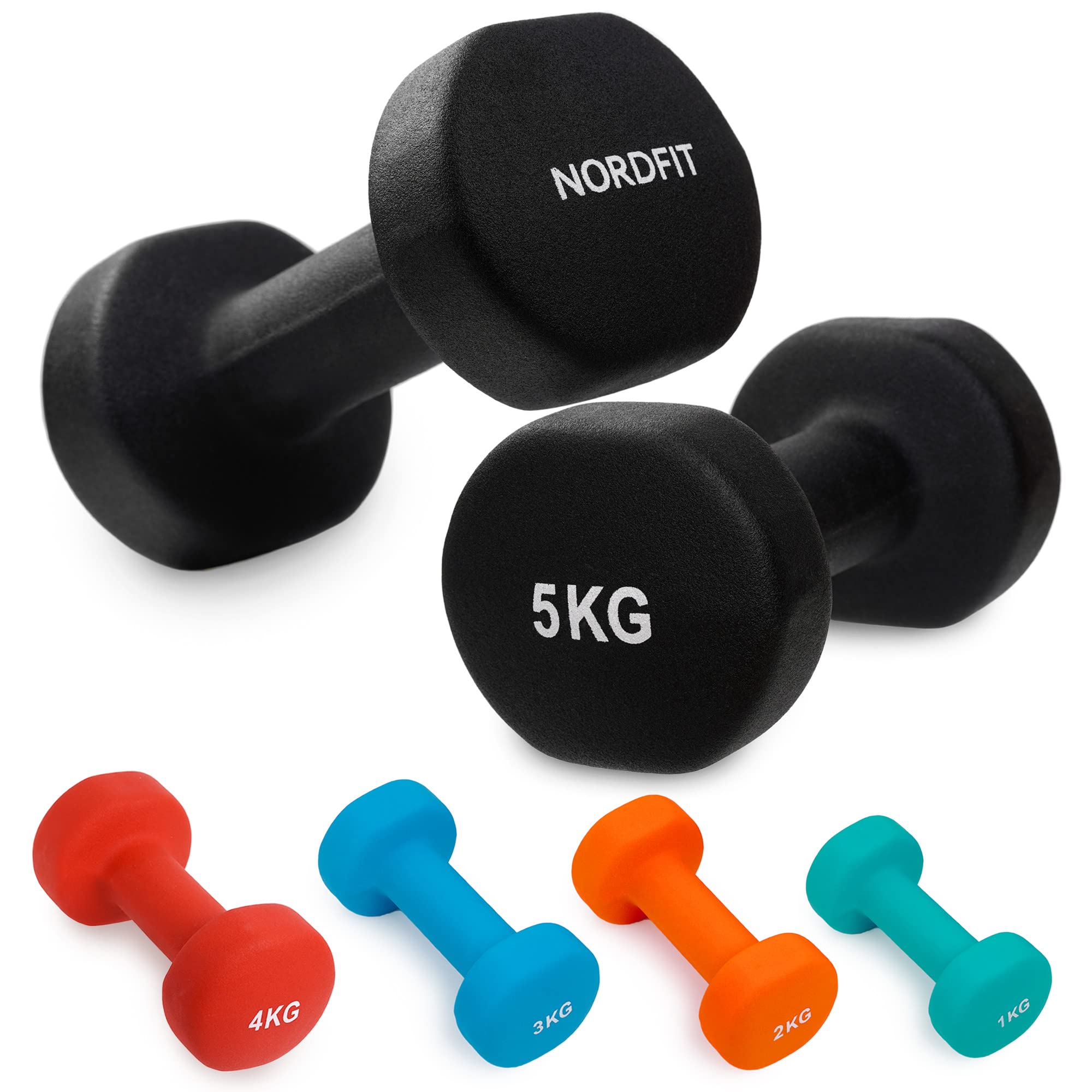 Neoprene Coated Dumbbells for Home Exercise, Pilates, Gym, Cardio, Dumbbell Weights Set in 1-5kg Pairs by Nordfit