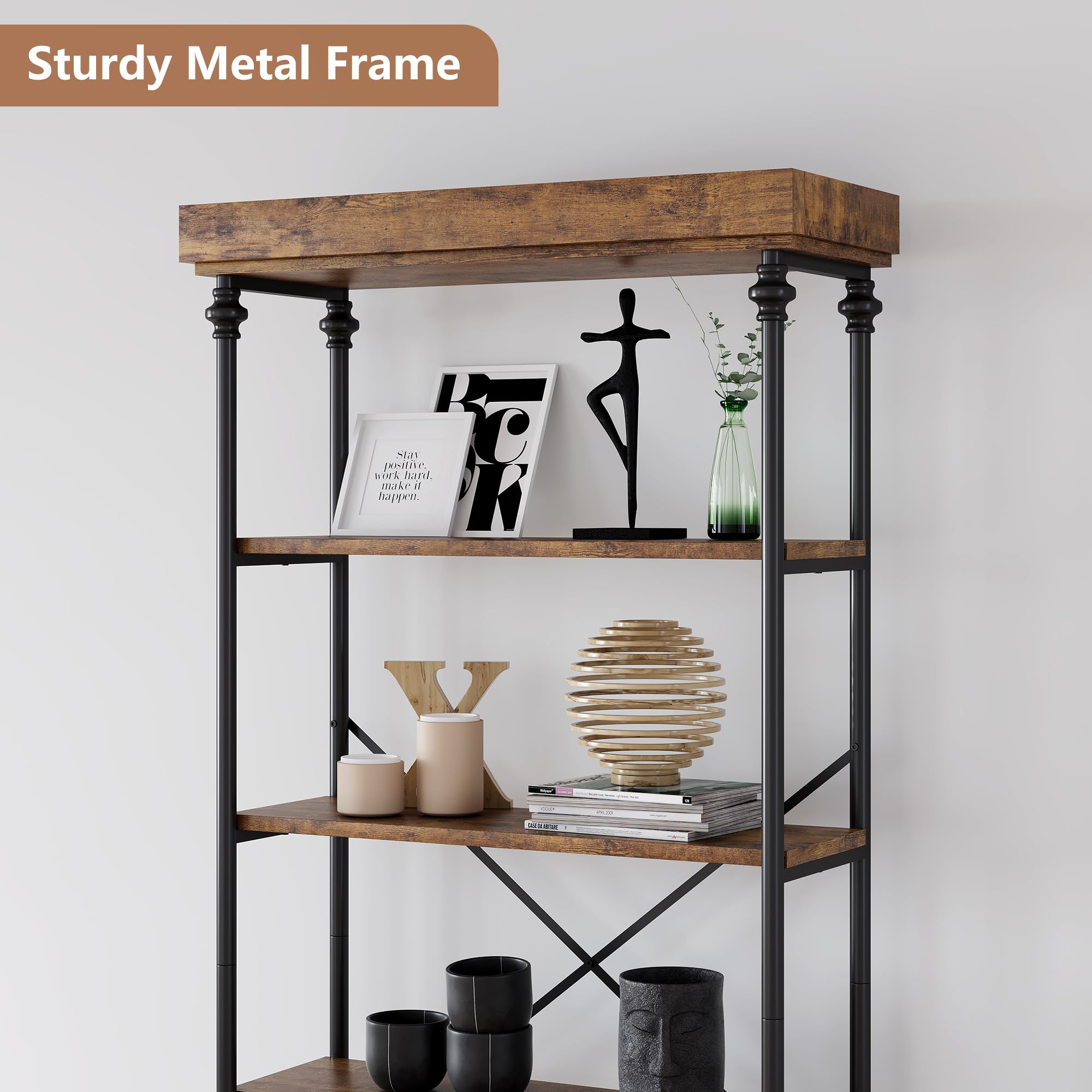 Garvee Estantería de Libros Alta de 5 Niveles – Estilo Industrial Independiente – Estructura de Metal Negro y Madera – Estantes Abiertos para Oficina, Sala de Estar, Dormitorio, Cocina, 190cm, Marrón