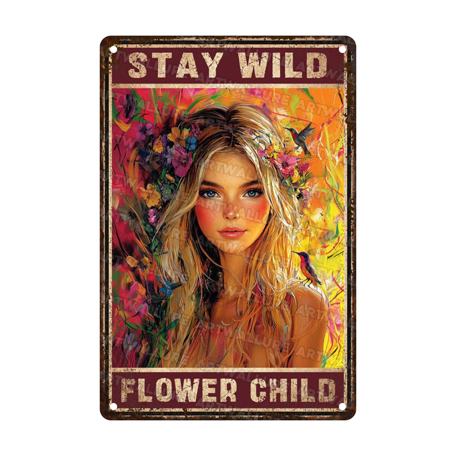 Girl Room Decor Vintage Hippie Tin Sign Stay Wild Flower Child Metal Poster Soul Art Metal Plaque Wall Panel Retro Outdoor Indoor Decoration 8x12inch