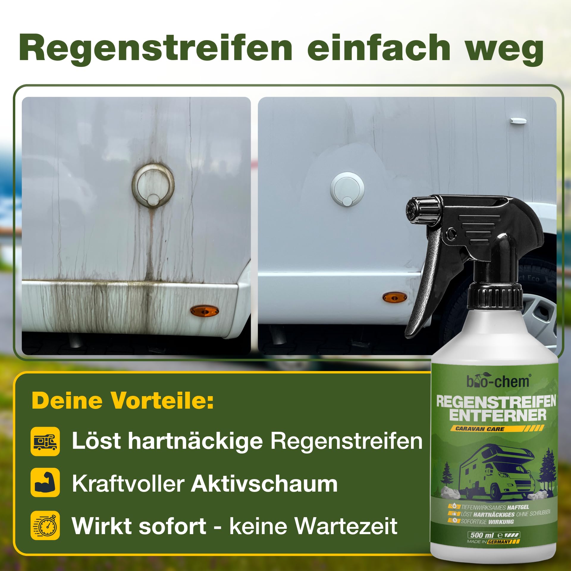 bio-chem Caravan Reiniger Set 3-teilig für Wohnmobil | Wohnwagen Außenreiniger, Regenstreifen-Entferner und Acrylglas Reiniger | Außenreinigung Wohnwagen