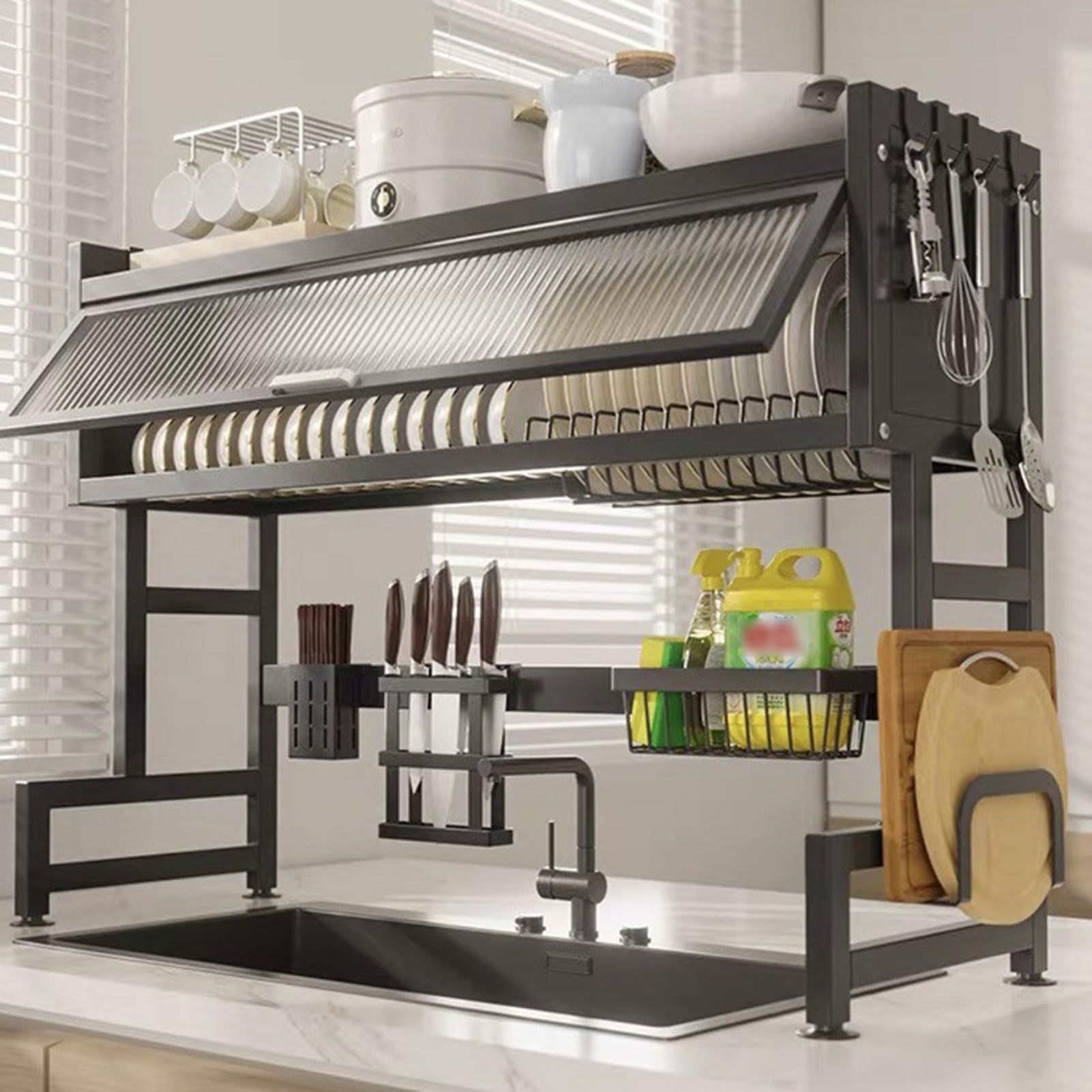 Scolapiatti regolabile in acciaio inox con coperchio antipolvere, soluzione salvaspazio per asciugare i piatti (dimensioni: 85 cm) - Cucina nizer e ripiano portaoggetti.