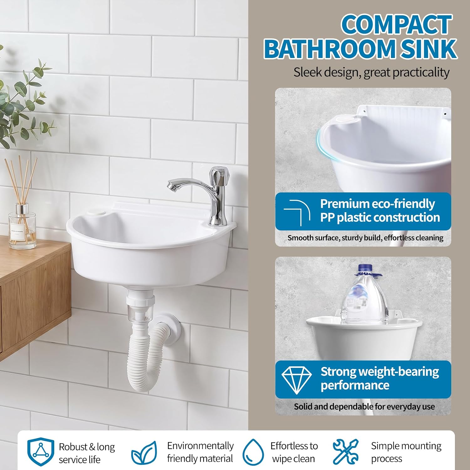 Small Bathroom Sink,Wall Mount Sink 11.8 x 8 Inch Plastic Wash Basin with No Drill Self Adhesive Installation for Camper Garage Dorm Home Kitchen Utility Hand Washing Station(White)