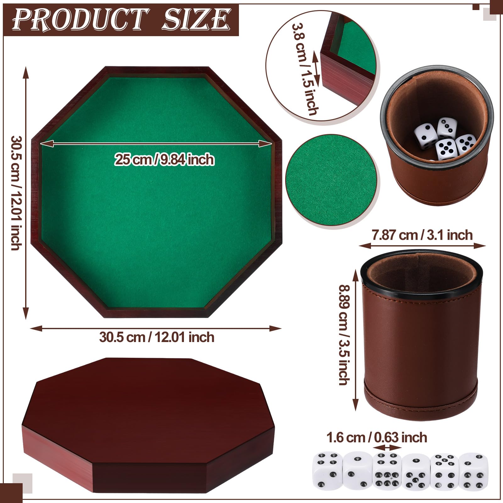 MiniInflat El juego de dados octogonal de Navidad incluye bandeja de dados de madera, forro de fieltro, taza de dados de piel sintética con 6 dados de puntos para juegos de mesa (café)