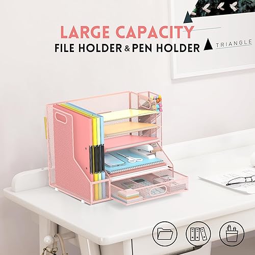 Miniatura 2 de DALTACK Organizador de escritorio de malla, bandeja de papel de 5 niveles con soporte para archivos, soporte para bolígrafo y cajón deslizante,