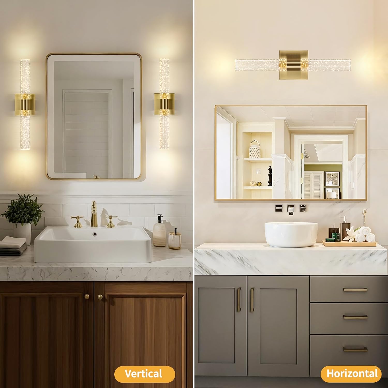 18 Inch Bathroom Sconces Set of 2, 3 Color Temperature Bubble Crystal Led Wall Sconce Indoor Wall Mount Vanity Light Bar Brass Hardwired Wall Sconce for Bedroom Living Room, 12W