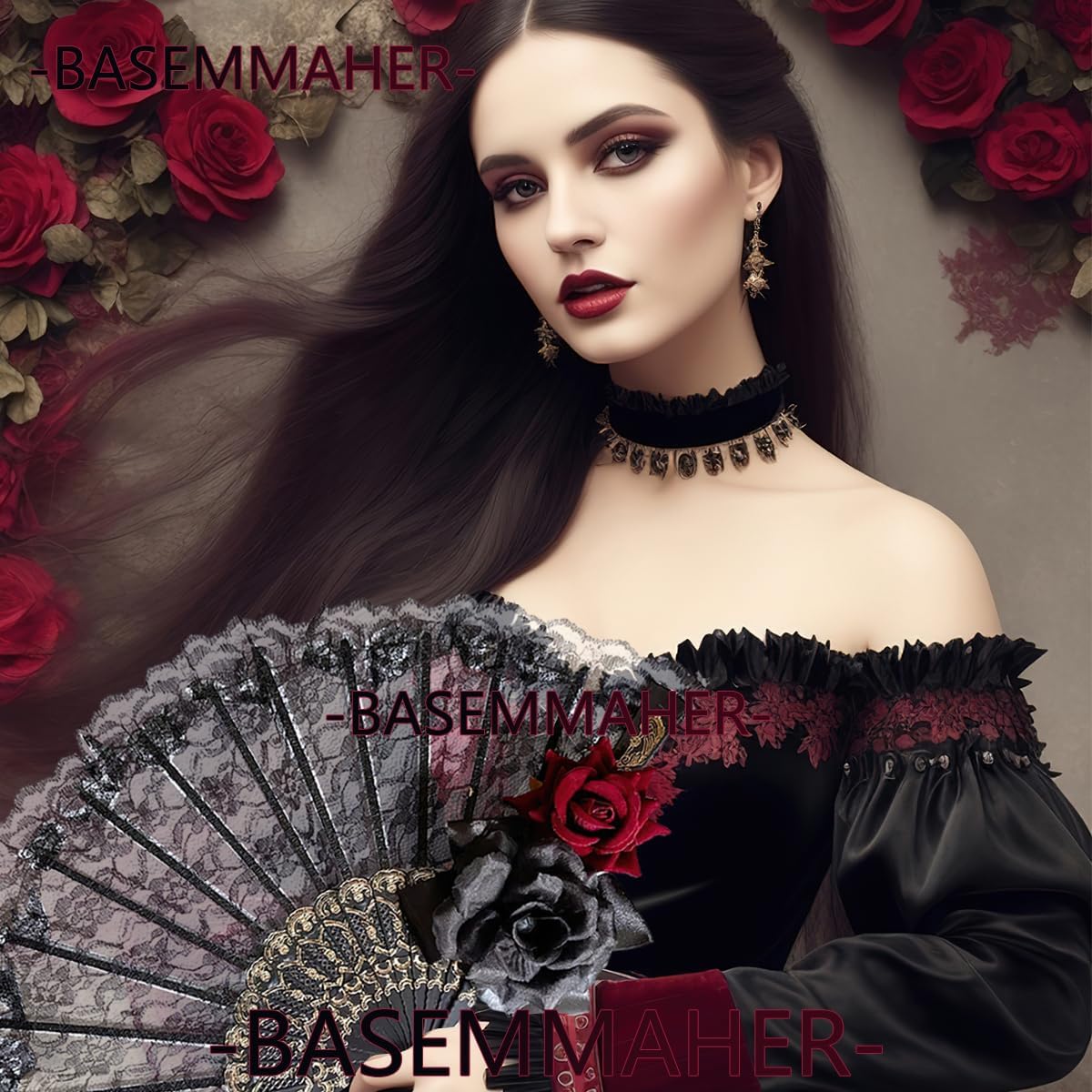 2Pcs Halloween Black Hand Fan Lace Black Red Rose Handheld Vintage Gothic Flower Retro Spanish Large Folding Handheld Fan for Women Girls Cosplay Performance Costume Party Photo Props