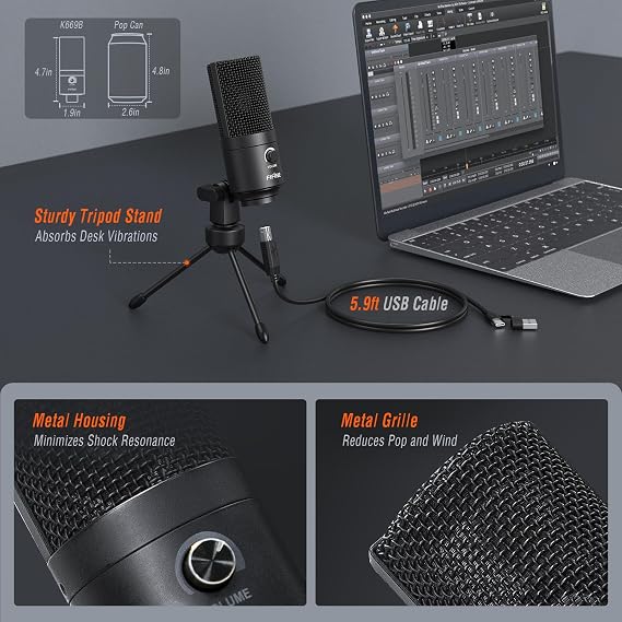 FIFINE K669B USB Microphone, Condenser Recording Mic for Vocals, Meeting | Metal Cardioid Laptop Mic for MAC OS, Windows, Voice Overs, Streaming, Online Meeting and YouTube Videos