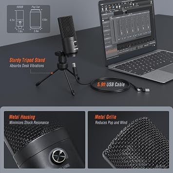 FIFINE K669B USB Microphone, Condenser Recording Mic for Vocals, Meeting | Metal Cardioid Laptop Mic for MAC OS, Windows, Voice Overs, Streaming, Online Meeting and YouTube Videos