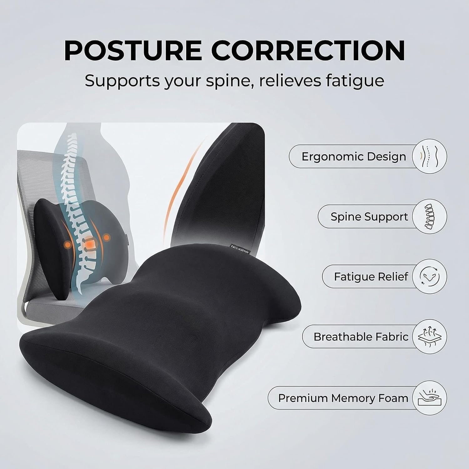 Lumbar Support Pillow - Memory Foam Back Cushion for Lower Back Pain Relief - Ergonomic Support for Office Chair, Car, Gaming Chair, Desk Chair - Breathable Washable Cover - Black