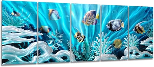 Miniatura 10 de SYGALLERIER School Of Fish - Arte de pared de metal hecho a mano en 3D costero de aluminio moderno, abstracto, estilo de mar, acento de pared en