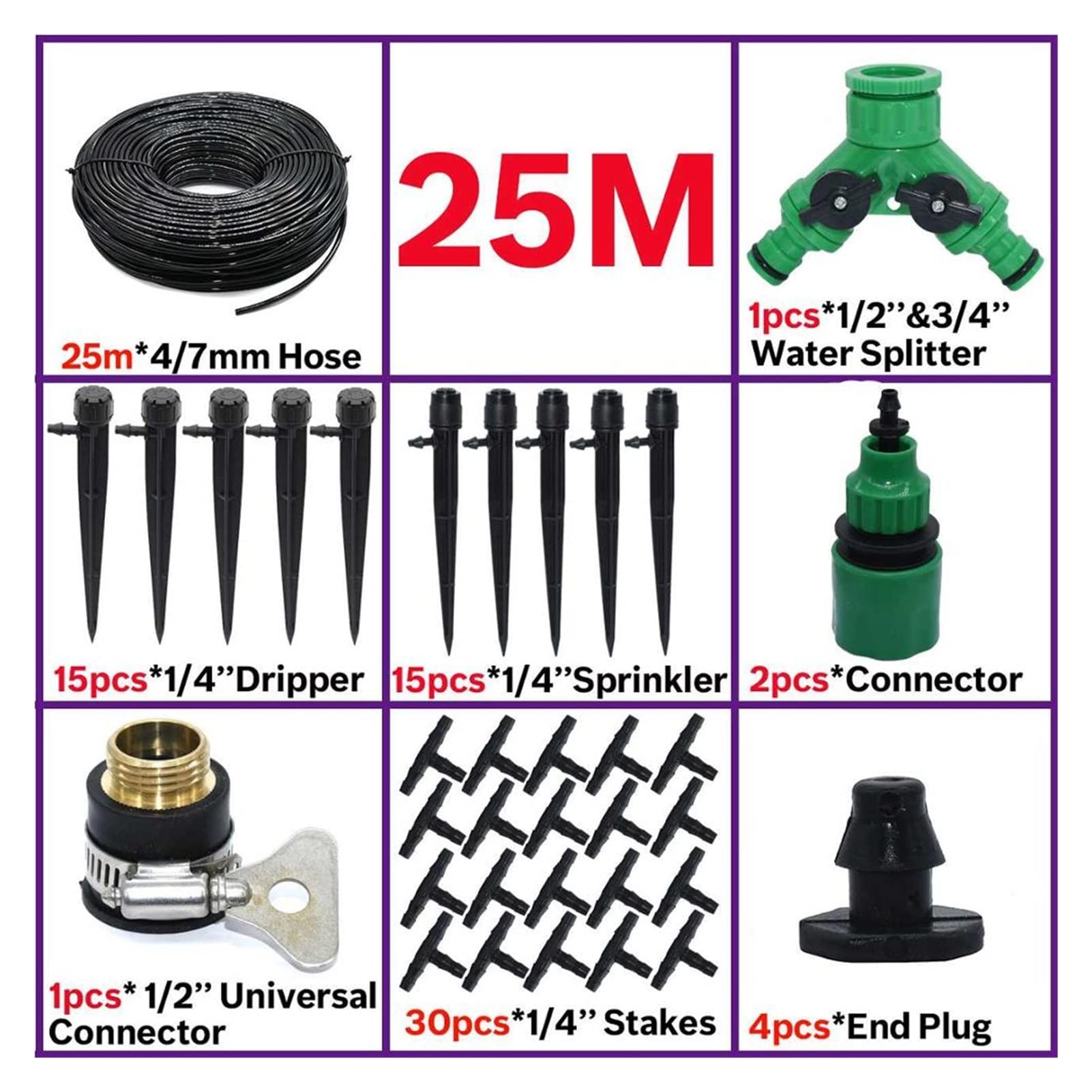 Zestaw do nawadniania kropelkowego 5M-35M System nawadniania kropelkowego Automatyczny wąż do nawadniania 360° Zestaw zraszacza z regulowanym runem kroplującym 4/7 mm Narzędzia ogrodowe (kolor: KSL01-KIT050-25M)