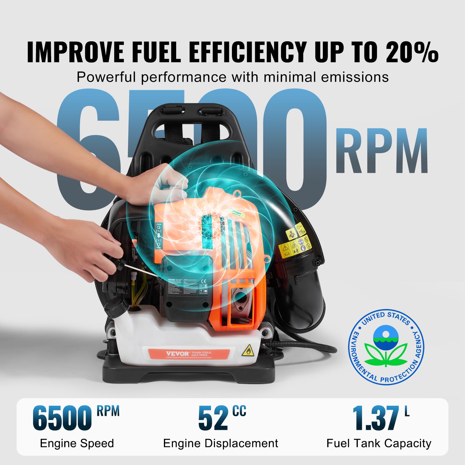 VEVOR Soplador de Hojas de Gas 52 CC Soplador de Nieve de Mochila 2 Tiempos con Tanque de Combustible 1,37 L Volumen de Aire de 480 CFM para Cuidado del Césped, Limpieza de Hojas, Eliminación de Nieve