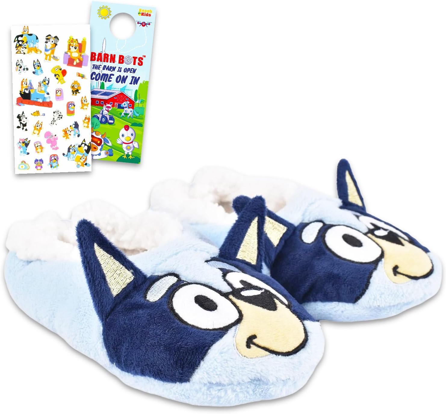 Bluey Slippers for Kids - Bundle with 1 Pair of Plush Snuggle Toe Footlet Socks with Grip Size Medium/Large Plus Stickers, and Beach Kids Door Hanger