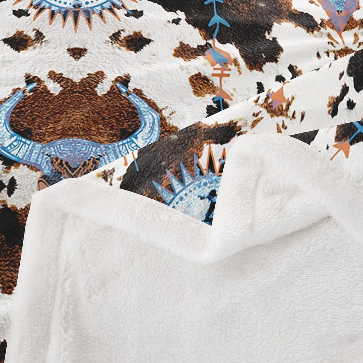 Feelyou Southwestern Sherpa Blanket Plush Fuzzy Cow Fur Print Fleece Throw Blanket Boys Girls Farmhouse for Bed Couch Chair Living Room Cowhide Bedroom Decor Beige Brown Black Twin 60"x80" image 3