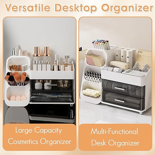 Miniatura 8 de Organizador de maquillaje para encimera con soporte para cepillo, organizador de tocador de baño, vitrina de cosméticos y cajones para artículos