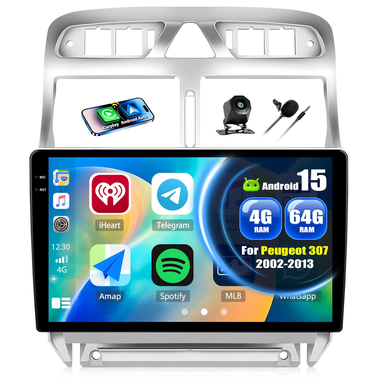 4+64GB Android 15 CAMECHO Autoradio 9 Pulgadas para Peugeot 307 2002-2013 con CarPlay Inalámbrico Android Auto, Radio Bluetooth con Navegación GPS, Pantalla Táctil HD, Wi-Fi, RDS FM y Cámara Trasera