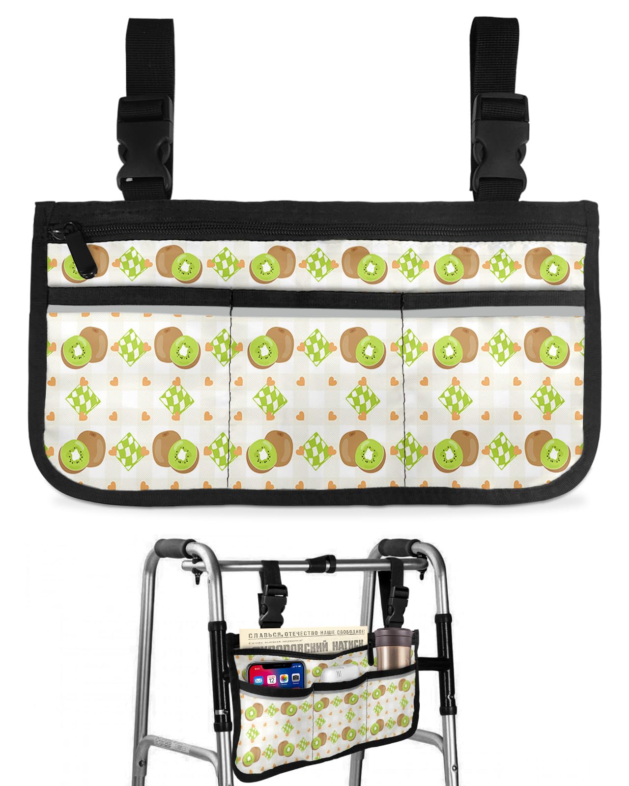 Kiwifruit Wheelchair Side Bag Walker Bag Walker Accessories Armrest Storage Pouches with Reflective Stripes Organizer Bag Watercolor Kiwi Love Heart Texture Orange Wheelchair Bag for Rollator