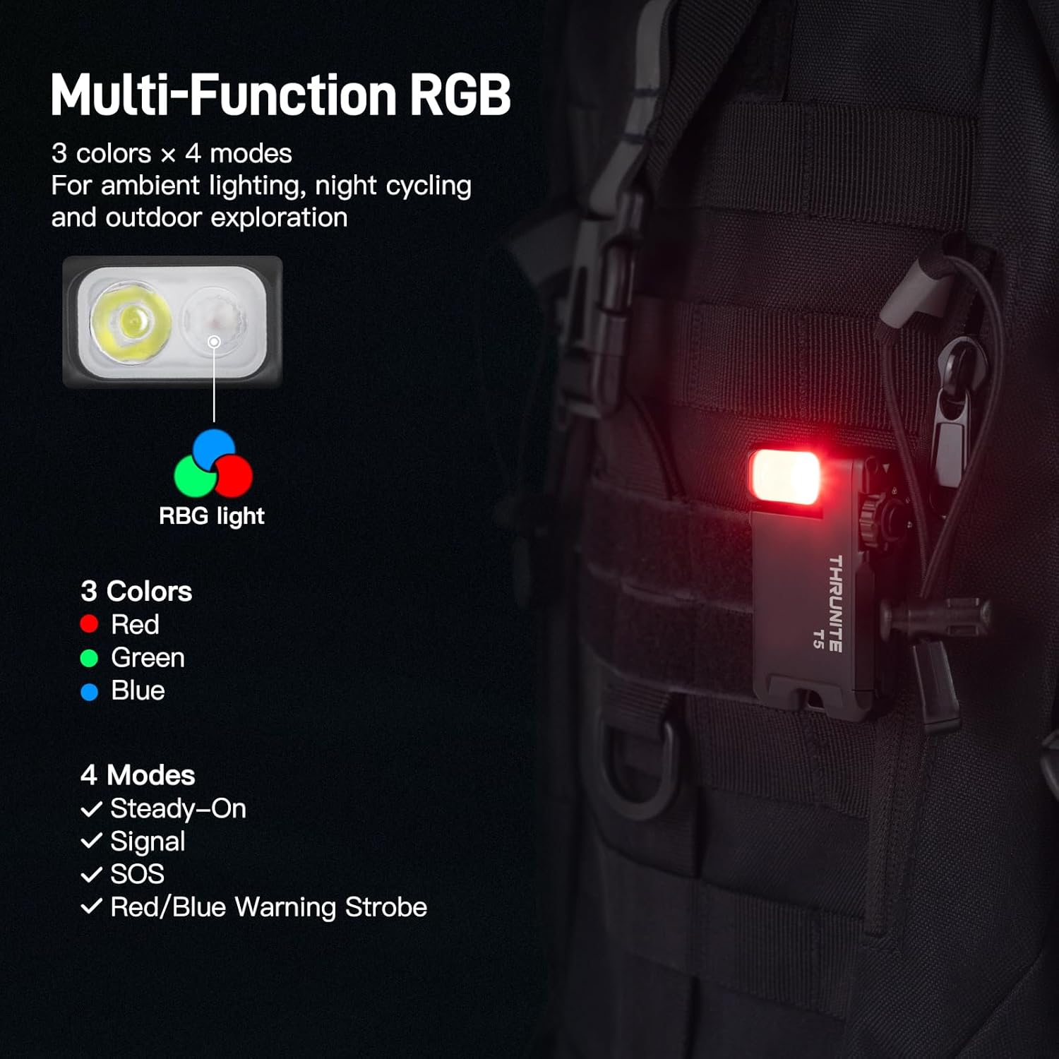 ThruNite T5 Flashlight displaying various RGB light colors