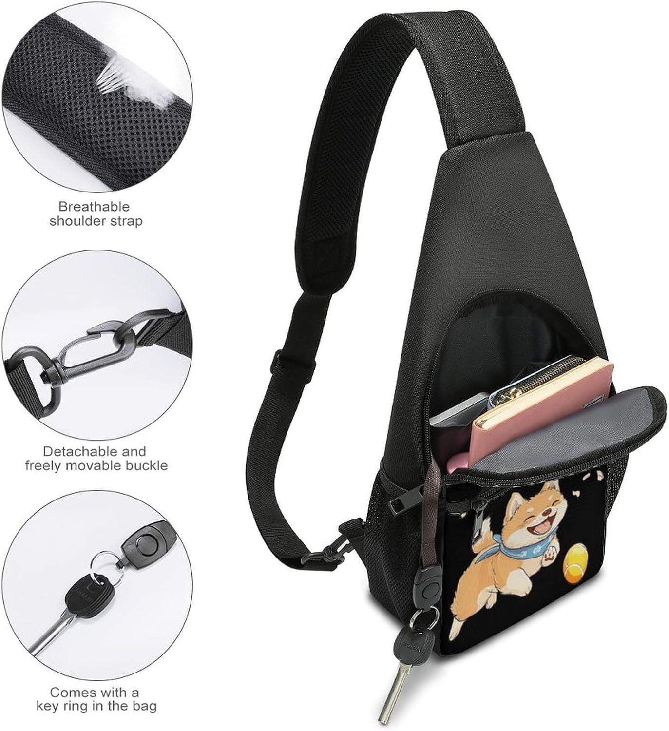 Shiba Inu Puppy Dog Playing Crossbody Sling Backpack Chest Bag Daypack | unisex,trendy,with convertible and detachable shoulder strap,side pockets