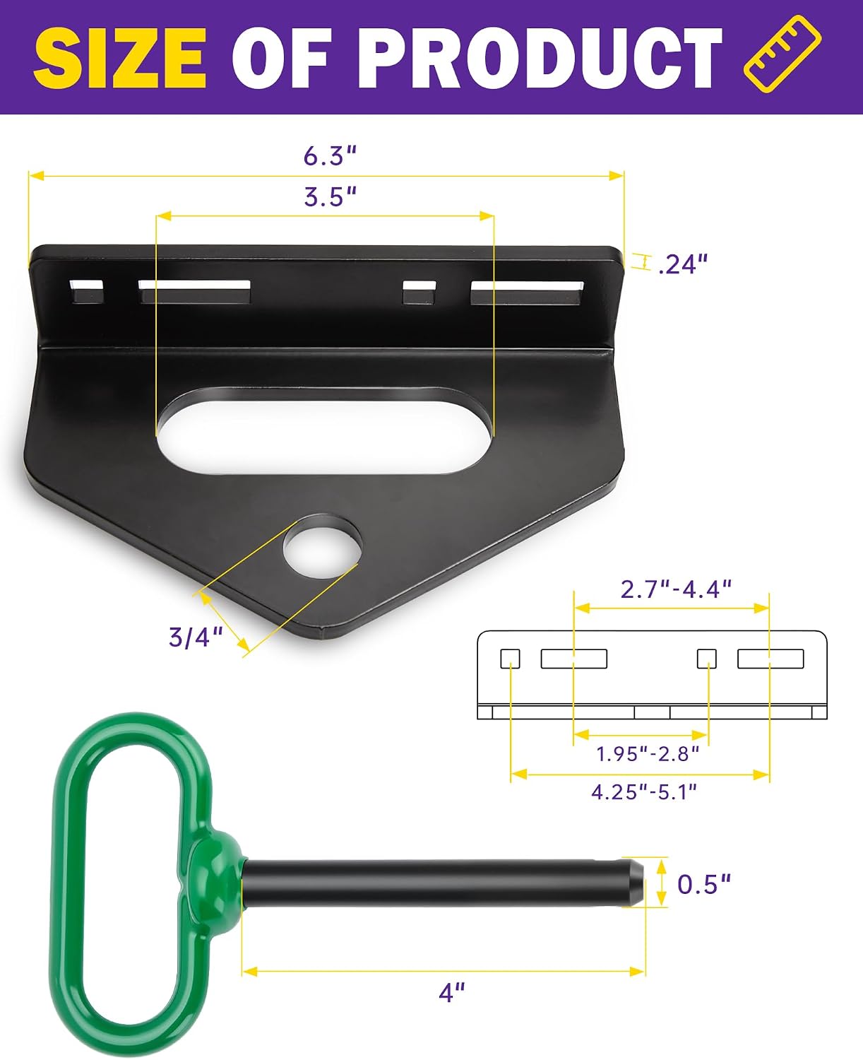Zero Turn Trailer Hitch With Hitch Pin, 1/4"(6mm) Thick Heavy Duty Steel Universal Lawn Mower Towing Hitch Kit With Pin, Versatile Chain Slot Rugged Hitch Included Carriage Bolt & R Clip Black & Green