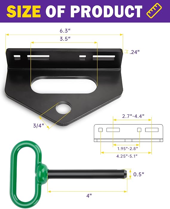Zero Turn Trailer Hitch With Hitch Pin, 1/4(6mm) Thick Heavy Duty Steel Universal Lawn Mower Towing Hitch Kit With Pin, Versatile Chain Slot Rugged Hitch Included Carriage Bolt & R Clip Black & Green