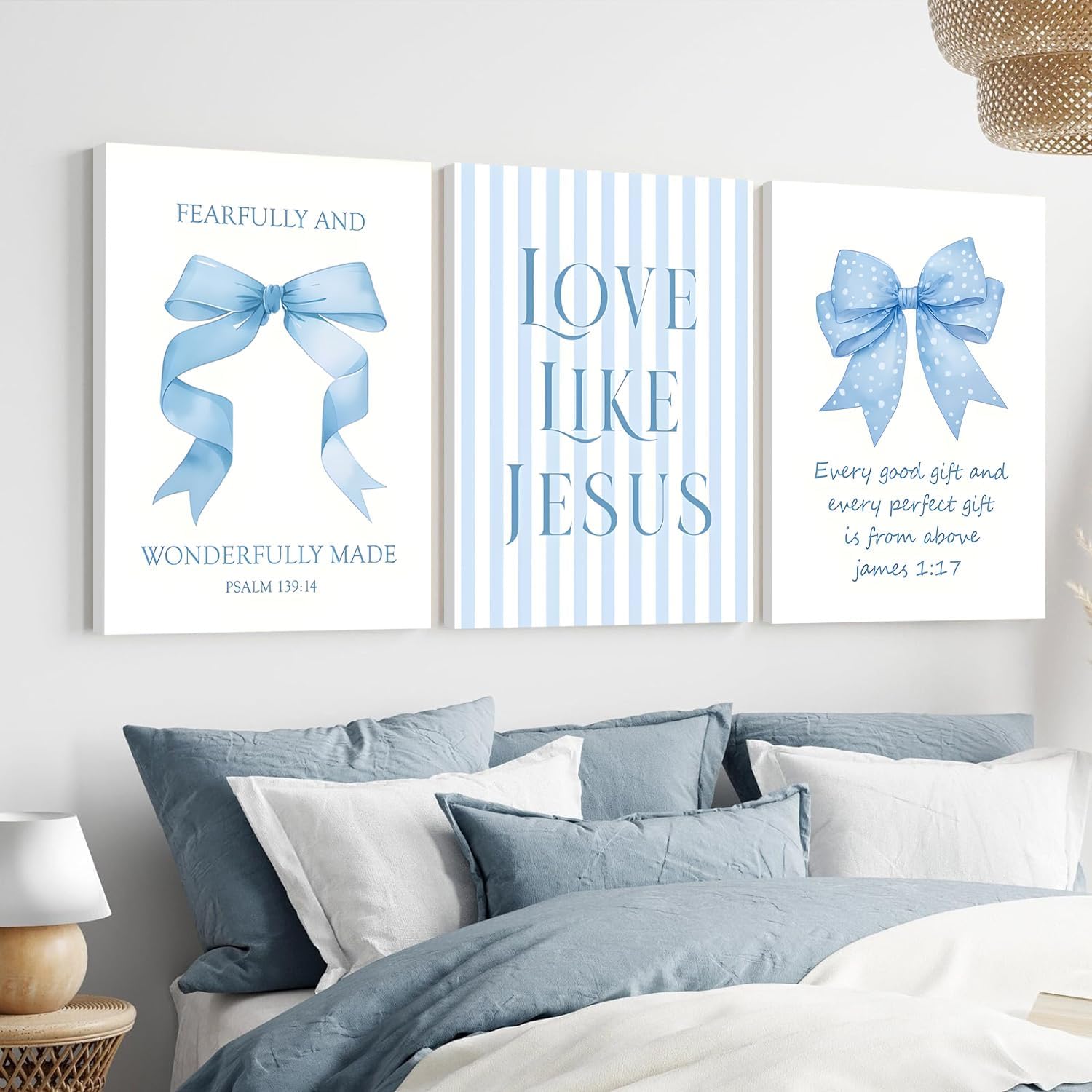 Blue Bow Jesus Canvas Wall Art Decor, Light Blue Coquette Dorm Room Wall Decor Paintings, Inspirational Bible Verses Posters Prints Pictures for Girls Dorm Room, Bedroom, Bathroom 12x16 Inch Framed