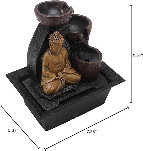 Miniatura 10 de Mumusuki Fuente de Buda, fuente de mesa de relajación de 3 niveles, fuente de agua de Buda, escultura decorativa con luz LED, ciclo de agua para