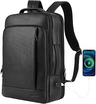 Full Grain Genuine Leather Backpack for Men, Black | Multi-Functional, 15.6" Laptop Backpack, USB Charging, Convertible Business Travel, Work Rucksack Daypack