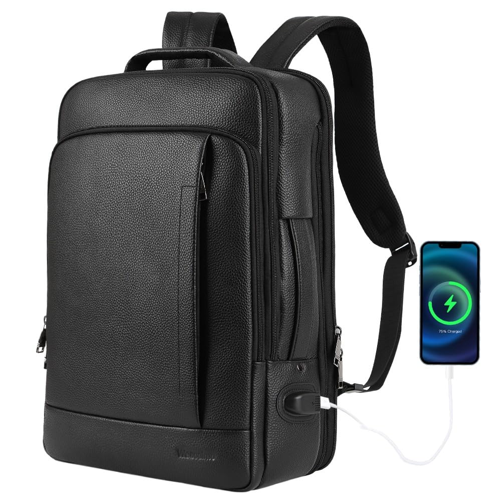 Wesccimo Full Grain Genuine Leather Backpack for Men Multi-Functional 15.6" Laptop Backpack with USB Charging, Black Convertible Business Travel