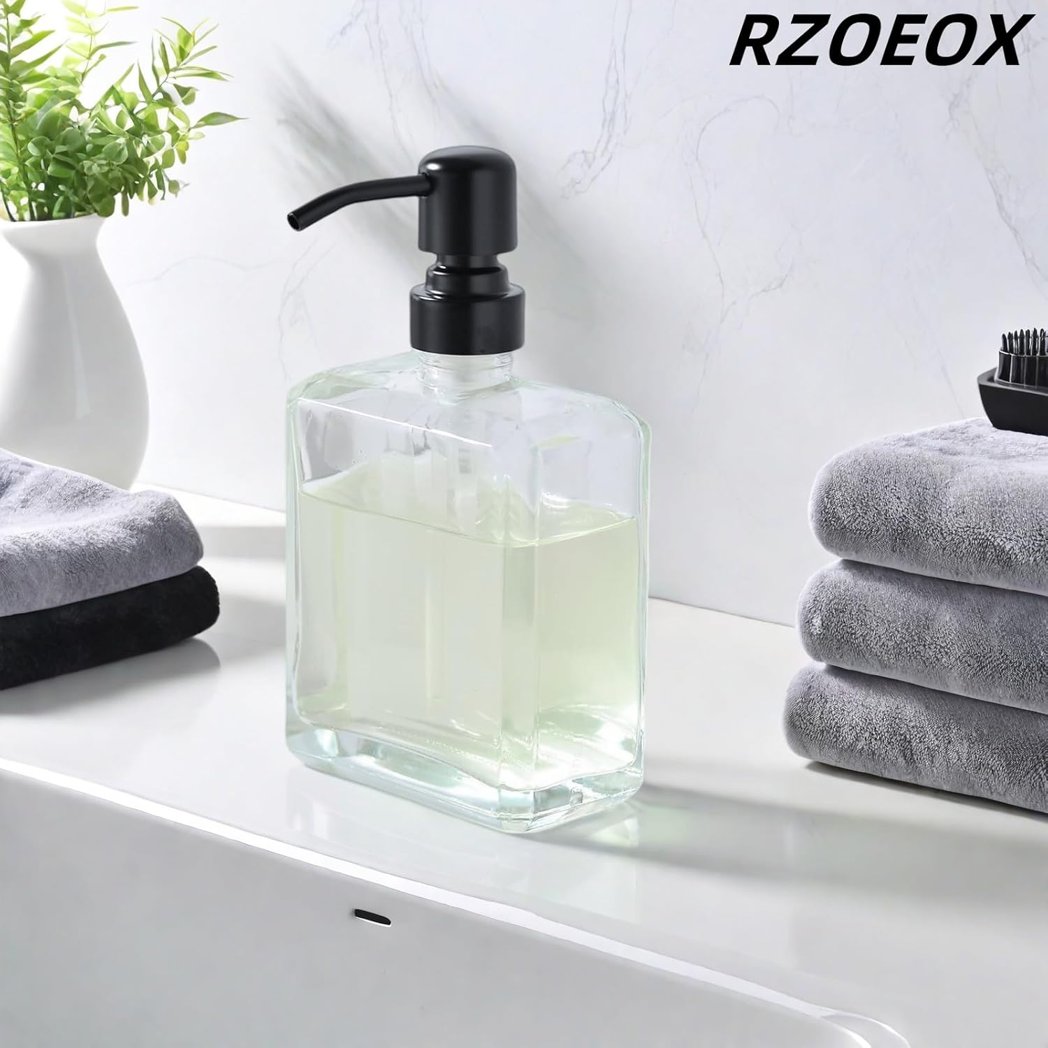 Clear Glass Soap Dispenser with Black Pump, 13.5 OZ Liquid Soap Dispenser Square with Stainless Steel Pump for Dish Hand Soap Bathroom Kitchen Vanity Countertop - Image 7