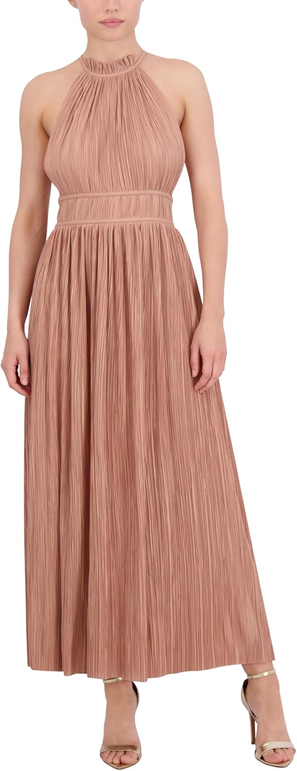 BCBGMAXAZRIA Womens Sleeveless Halter Neck Pleated Evening Maxi Dress