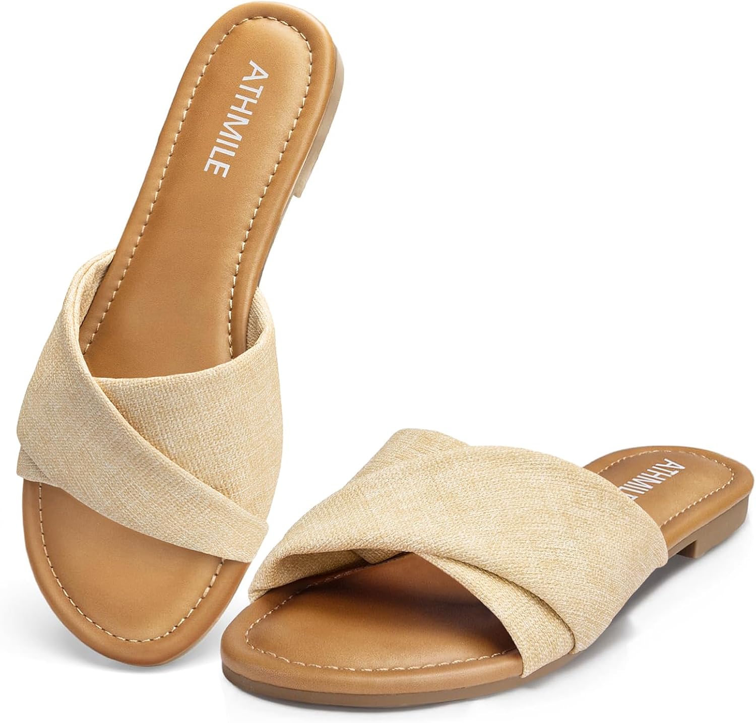 ATHMILE Women's Dressy Summer Flat Sandals - Comfortable Leather Beach Slides, Trendy Casual Fashion for Sizes 6-11