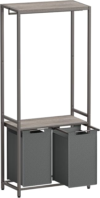 VASAGLE Kosz na pranie, 2-częściowy kosz na pranie z 2 półkami, wysuwana i wyjmowana wkładka, drążek na ubrania, 2 x 46 l, 73 x 33 x 177 cm, szary wrzosowy i szary łupek BLH231G02