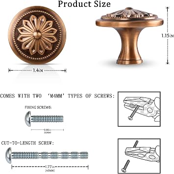 10 Pack Antique Brass Cabinet Knobs Vintage Drawer Pulls,1-2/5 Round Antique Cabinet Knobs Handles for Kitchen Cabinets and Dresser Drawers Vintage