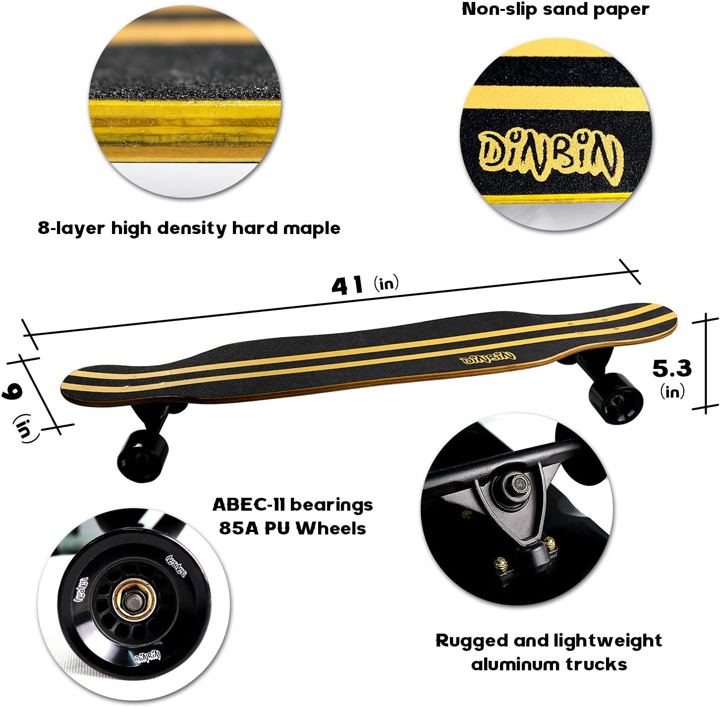 DINBIN 41 Inch Drop Through 8 Ply Maple Complete Longboards Skateboard,Cruising,Freeride Slide,Freestyle and Downhill Freestyle Cruiser for Teens or Adults