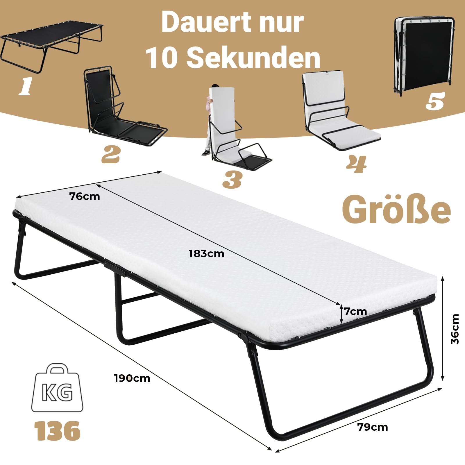 Cama Plegable con Ruedas 80x190cm, Cama de Invitados con Colchón de Espuma Viscoelástica de 7cm, Cama Plegable Adultos Portátil con Funda, no Requiere Montaje, Armadura de Metal Soporta hasta 136 kg