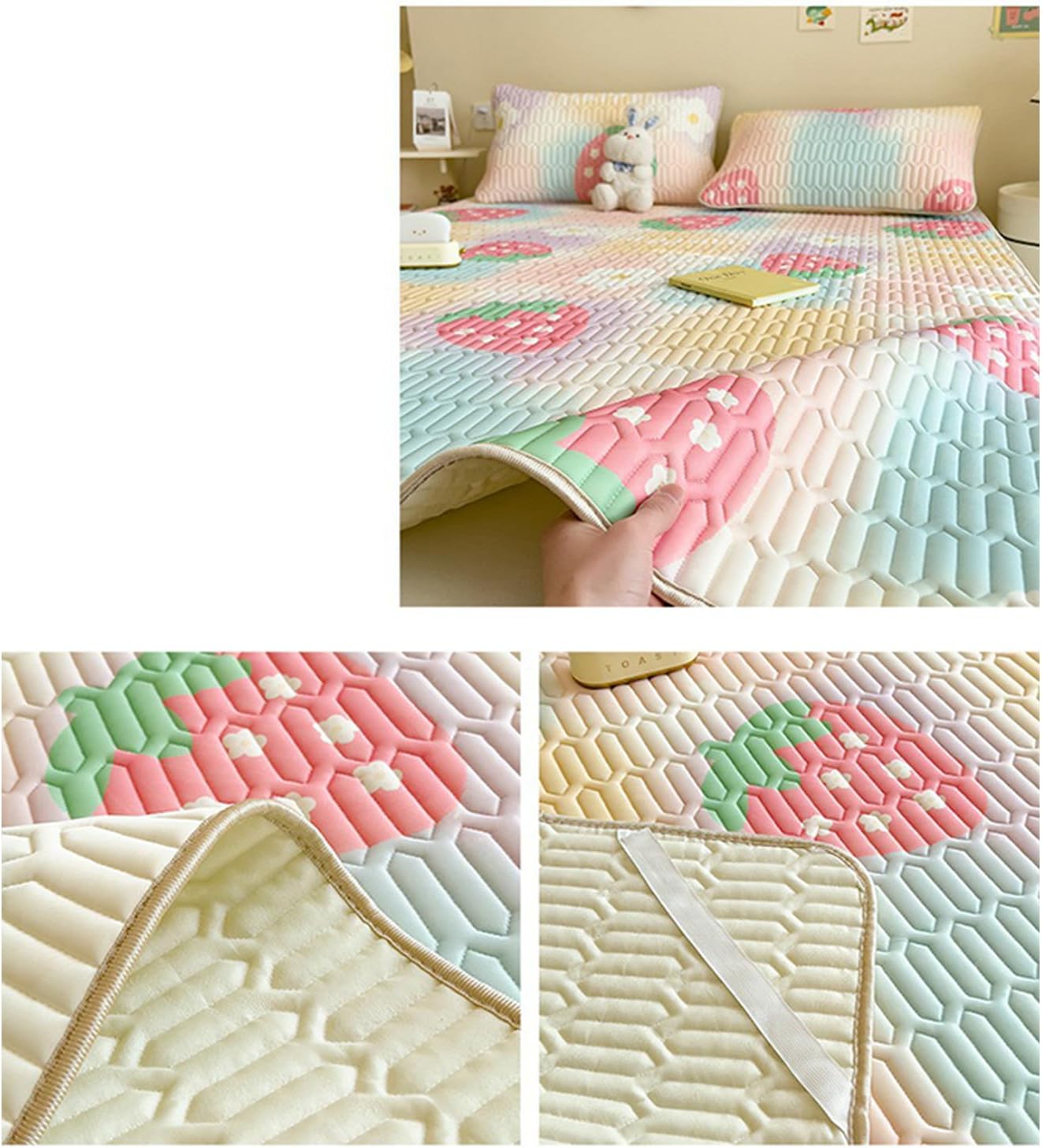 Fruit/c,0.9 * 2mtwin(2pcs),LDLCYCN Queen Size Cooling Mattress Protector Topper with 4 Elastic Bands Ice Silk Mattress Cover Cartoon Pattern Mattress Pad Japanese Futon Mattress Student Dormitory