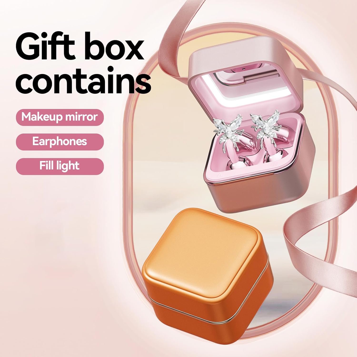 Wireless Earbuds with LED Makeup Mirror Case, Bluetooth 6.0 Open-Ear Clip-On Headphones, Air Conduction Earphones, Secure Fit, Low Latency, Lightweight for Travel, Work, Daily Use, Great Gift Choice