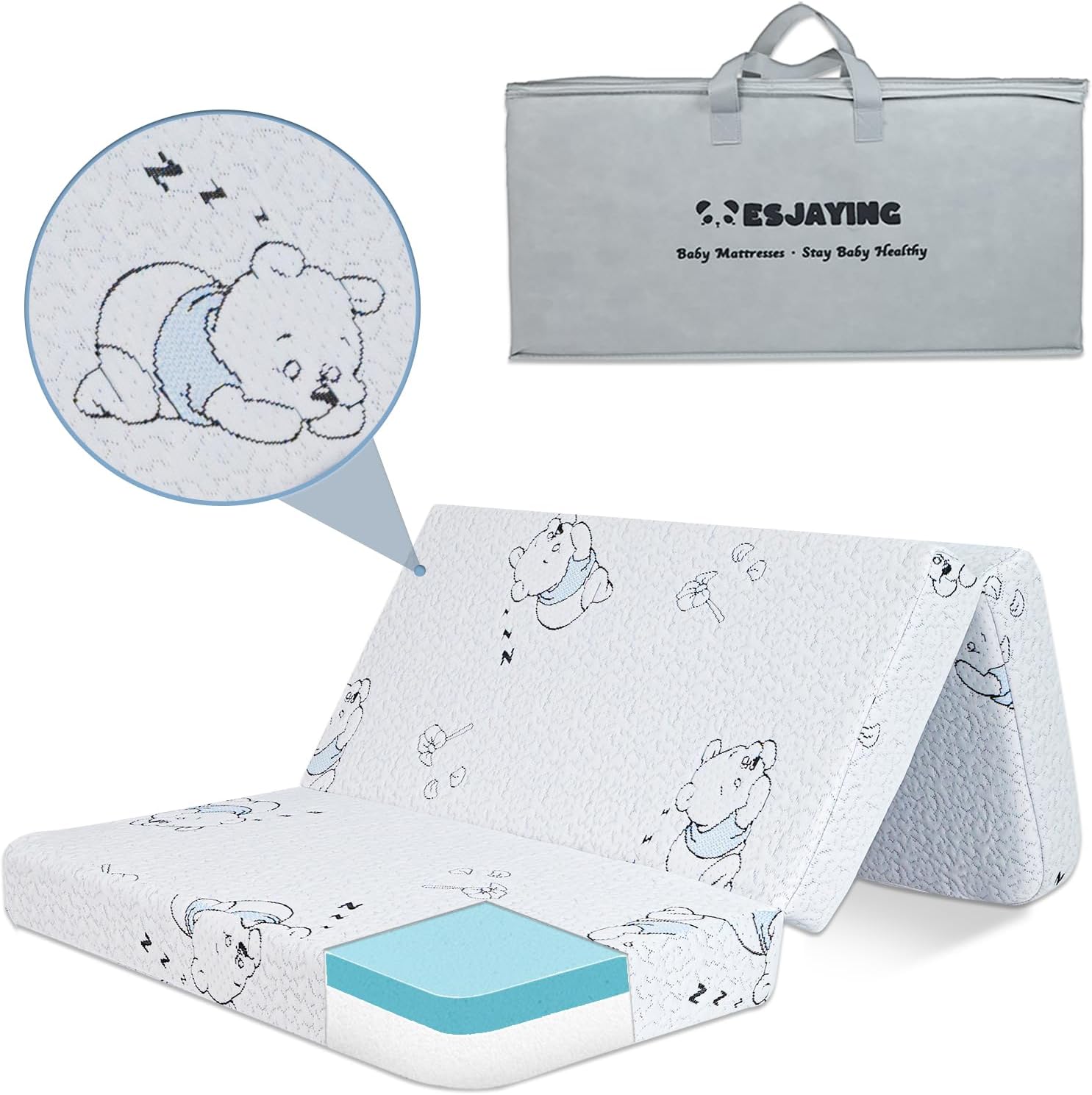 Trifold Pack and Play Mattress Pad, 38"x 26" Portable Baby Mattress for Pack N Play with Breathable Washable Cover, Gel Memory Foam Pack N Play Mattresses Topper Travel with Carry Bag