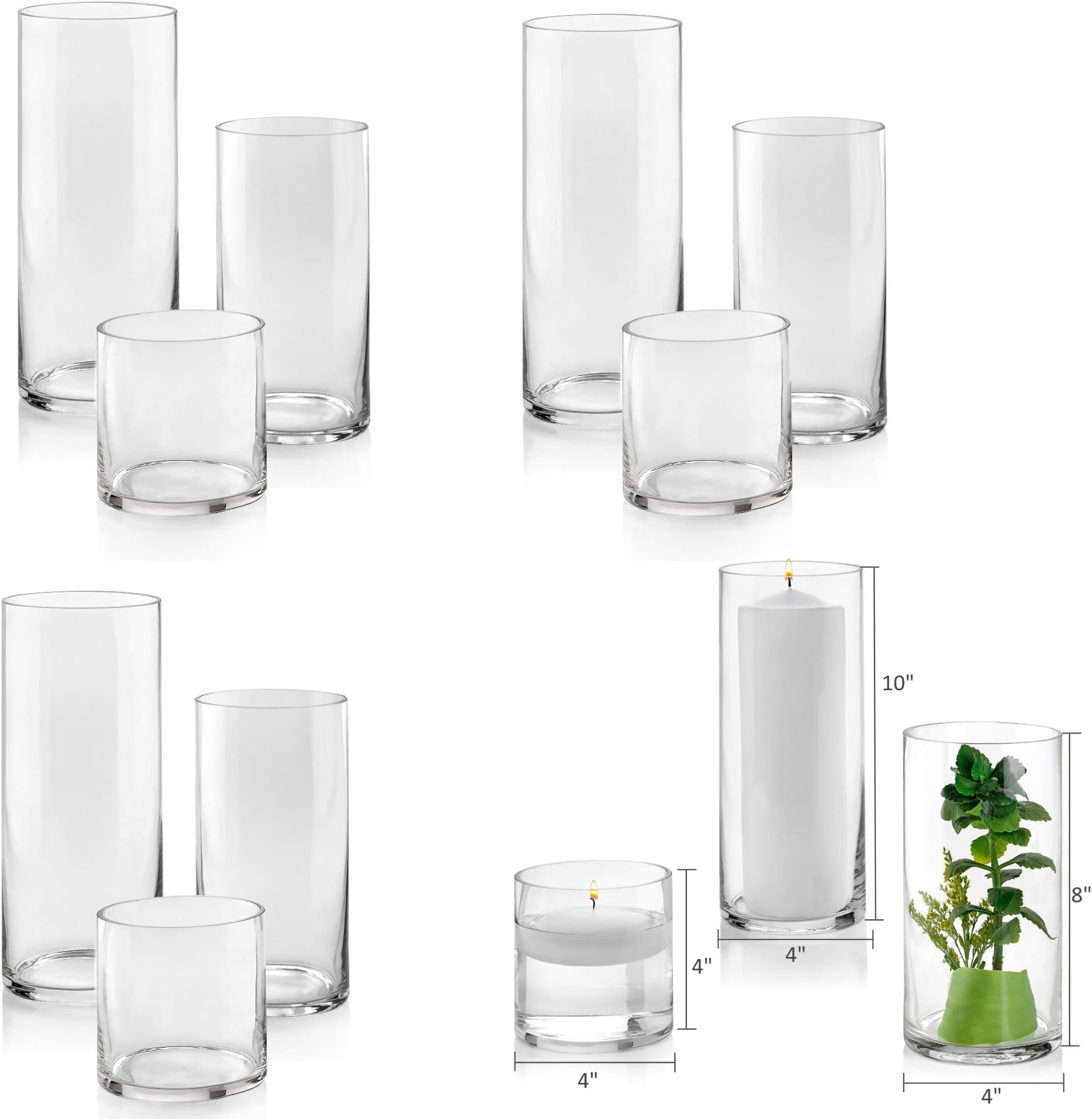 Set of 12 Glass Cylinder Vases 4 from Each Size 4 Inch, 8 Inch, 10 Inch Tall – Multi-use: Pillar Candle, Floating Candles Holders or Flower Vase – Perfect as a Wedding Centerpieces.