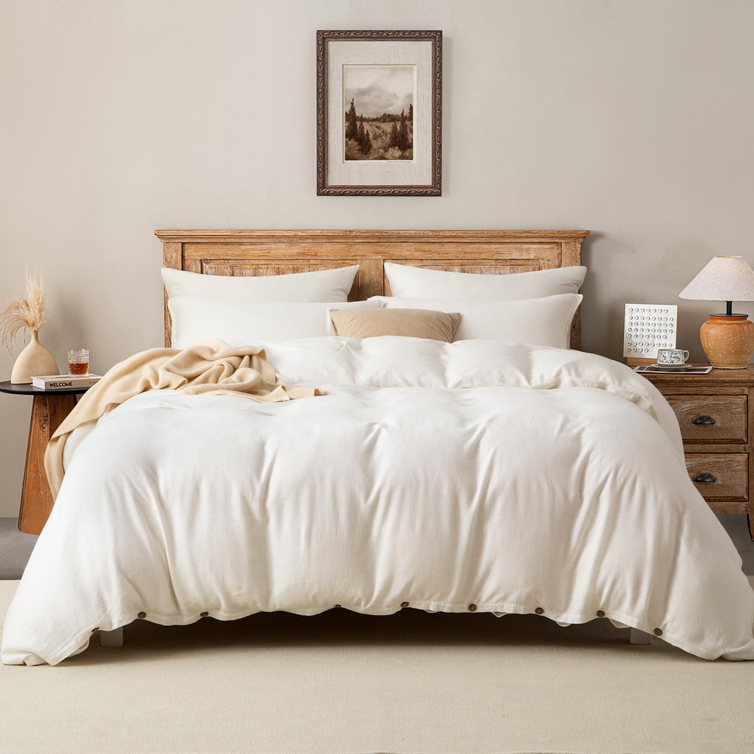 Linen Duvet Cover Set Queen Size 3PC,Linen Blend Duvet Cover with Coconut Button Closure,Flax Blend Bedding,Solid Color Soft Breathable Farmhouse Bedding,Off White
