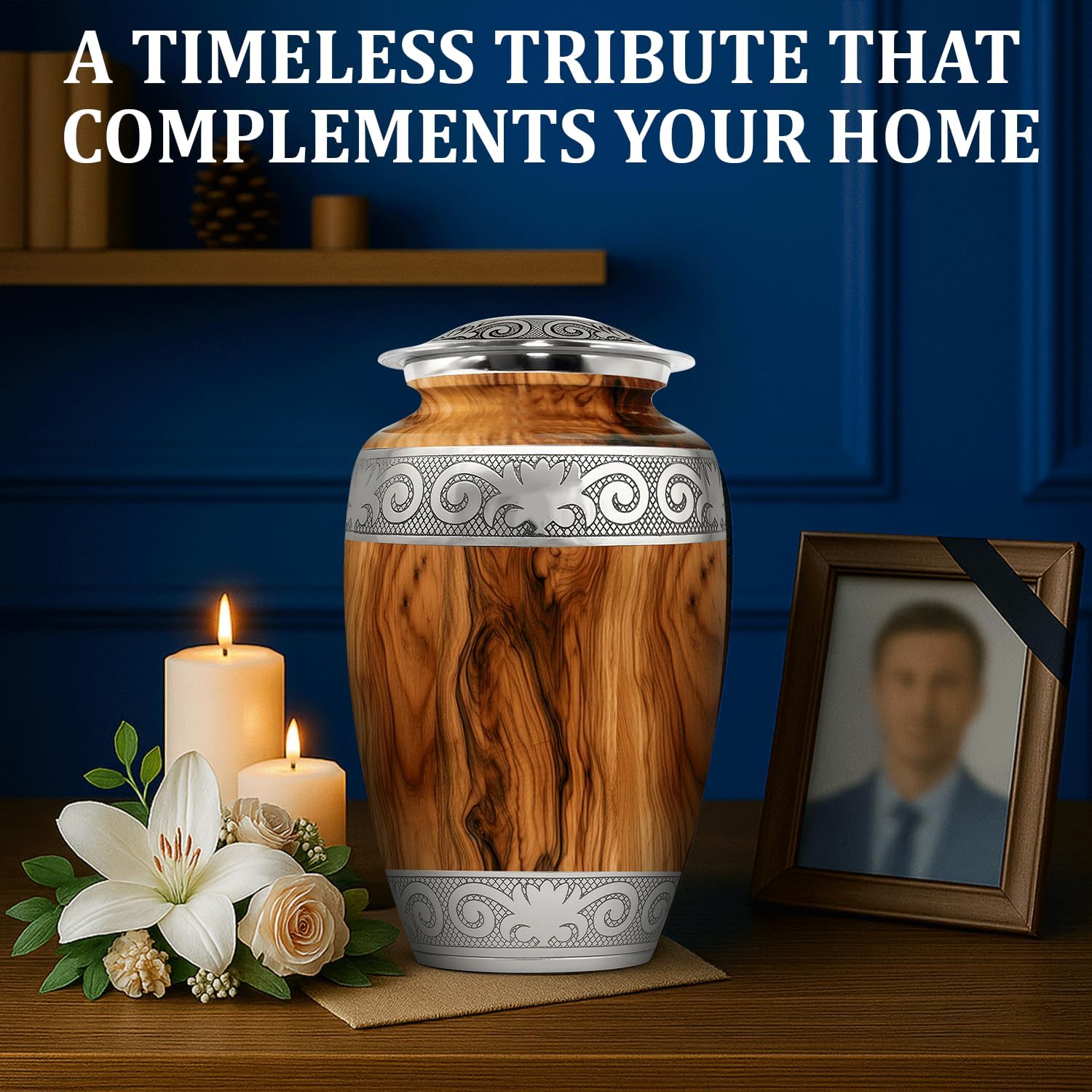 Set of 6 Metallic Wood-Grain Urn for Ashes Adult Male & Female – Includes 1 Large Hand-Engraved Adult Urn + 4 Keepsake Urns with Velvet Bags and 1 Memorial Necklace (Teak)