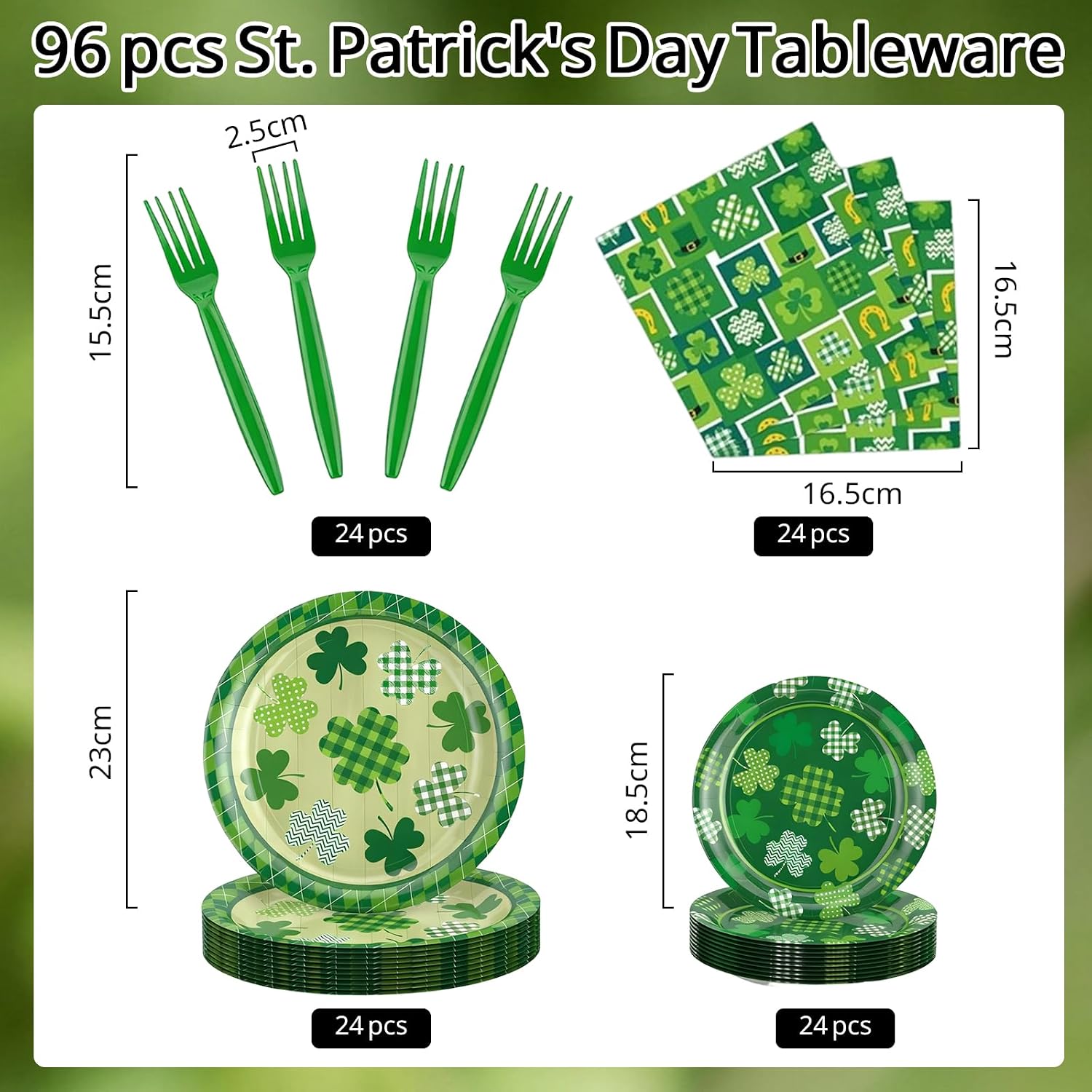 St. Patrick’s Day Tableware Set, 96 Pcs Lucky Green Shamrock Disposable Dinnerware with Paper Plates, Napkins, and Forks for St Patrick Day, Irish Party Supplies- Serves 24 image 5