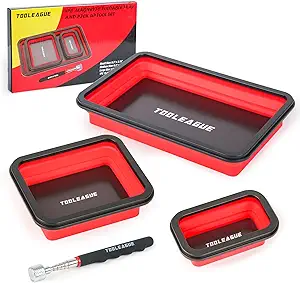 TOOLEAGUE 3Pcs Collapsible Magnetic Parts Tray Set with 15Lb Magnetic Pickup Pen,3 Different Size Silicone Foldable Tool for Organizing Screw Bolts Nuts Washers Pins and Other Small Metal Parts