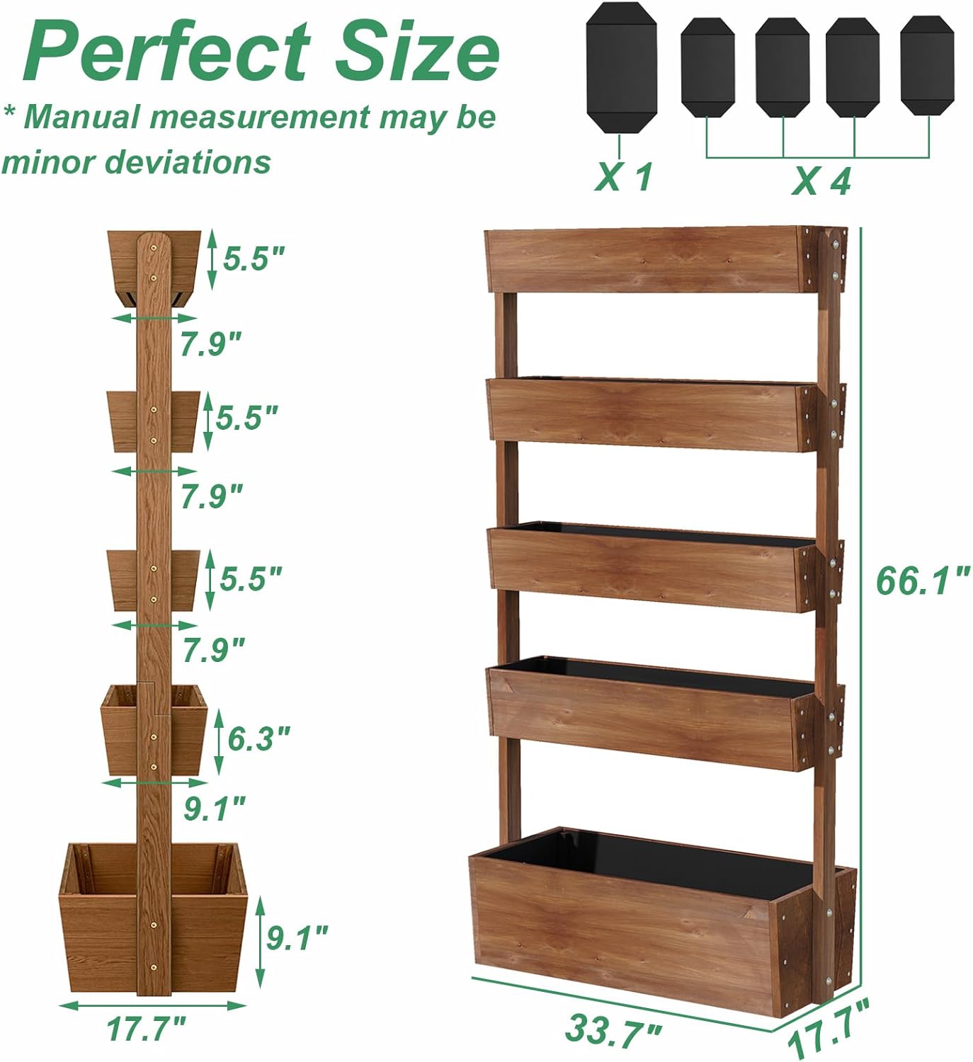Vertical Raised Garden Bed,5 Tier Wooden Garden Planters,Adjustable Freestanding Plant Stand Flower Rank,Wooden Planters for Outdoor Indoor Balcony Garden,Herb Vegetables Flowers,33x17x66,Brown