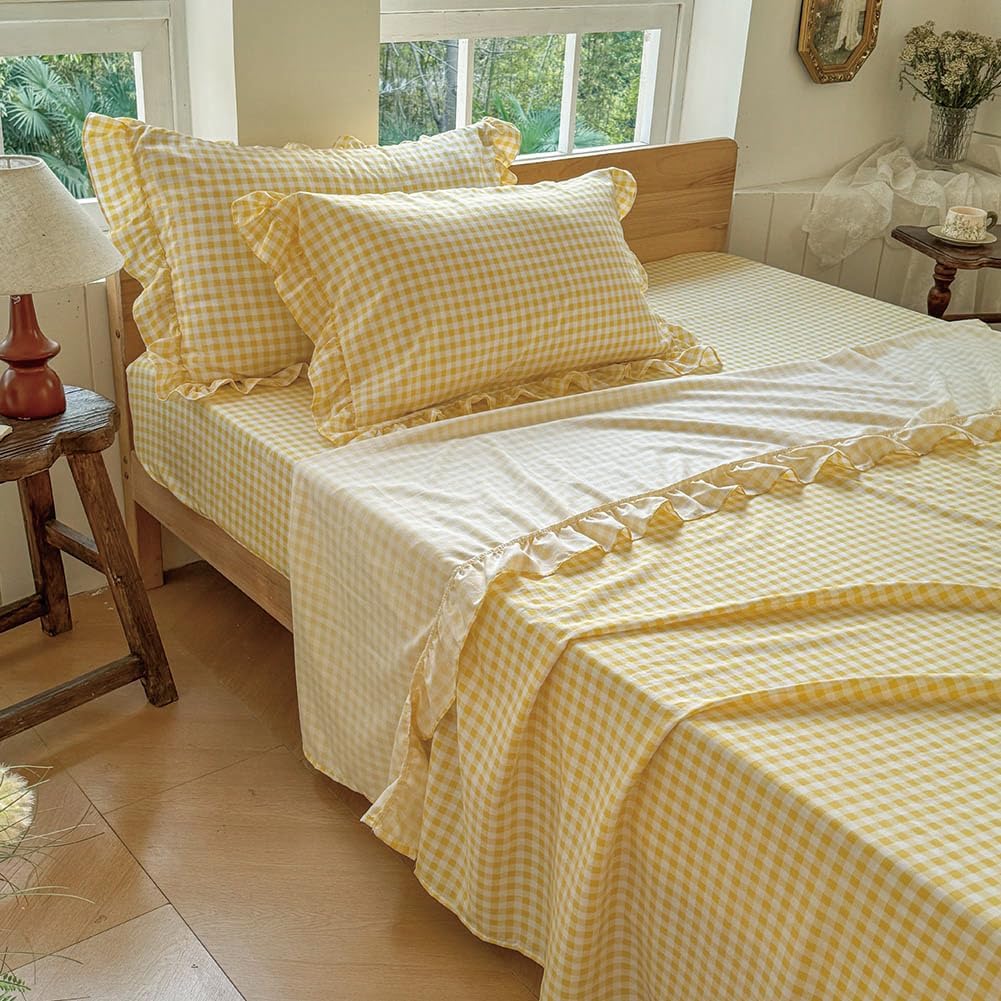 NSNLGSGC Yellow Ruffled Plaid Gingham Standard Size Pillow Shams 20"x26", Set of 2 Taupe Checked Pre-Washed Microfiber Farmhouse Pillowcases for Bed/Sofa (20"x26", Yellow Gingham)