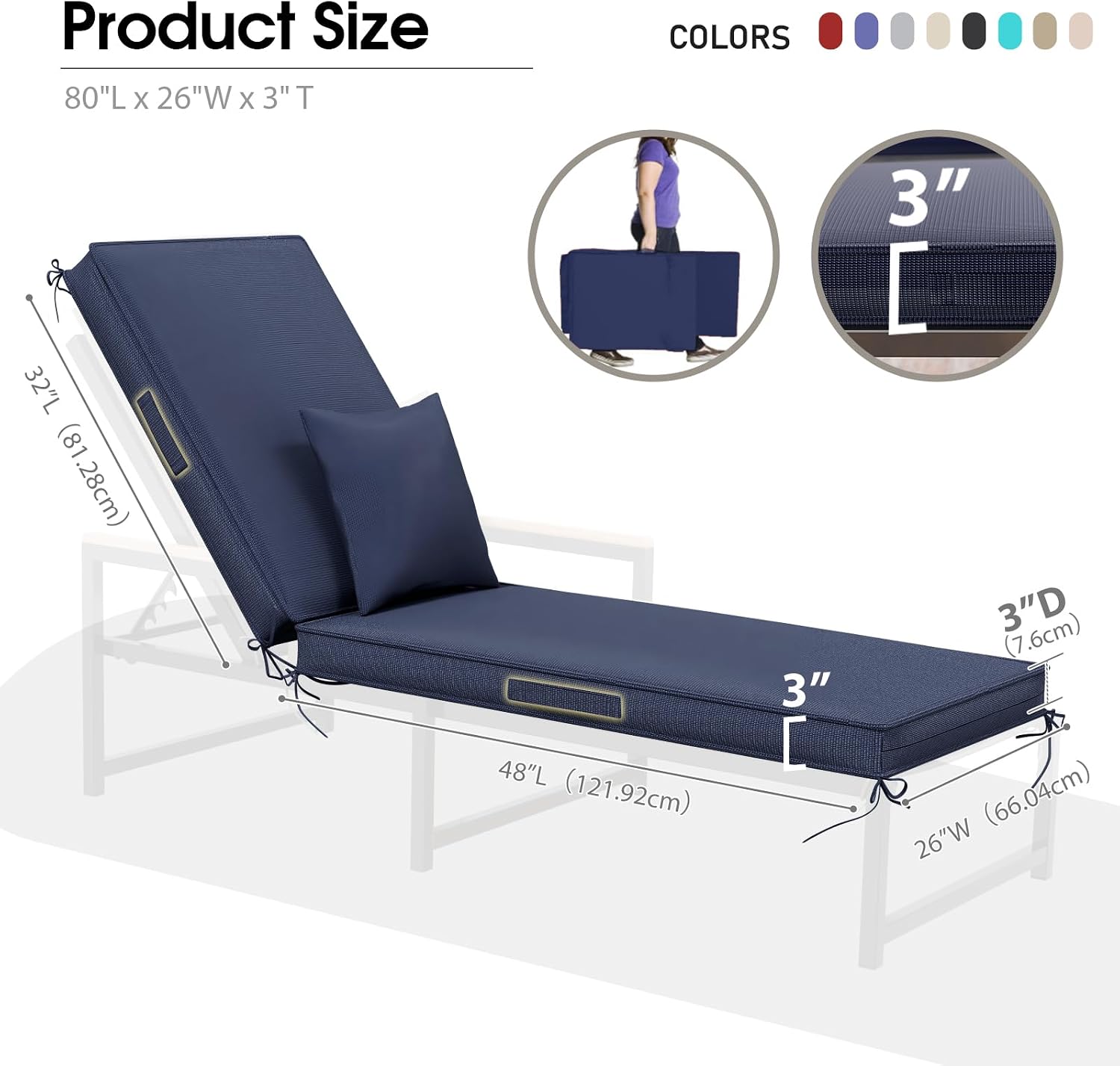 Chaise Lounge Cushions Outdoor Set of 2, Olefin Waterproof and Fade Resistant Patio Furniture Lounge Chair Cushions with Removable Cover, Lounger Pad with Handle & 16 Strap, 80x26x3 Inch, Dark Blue