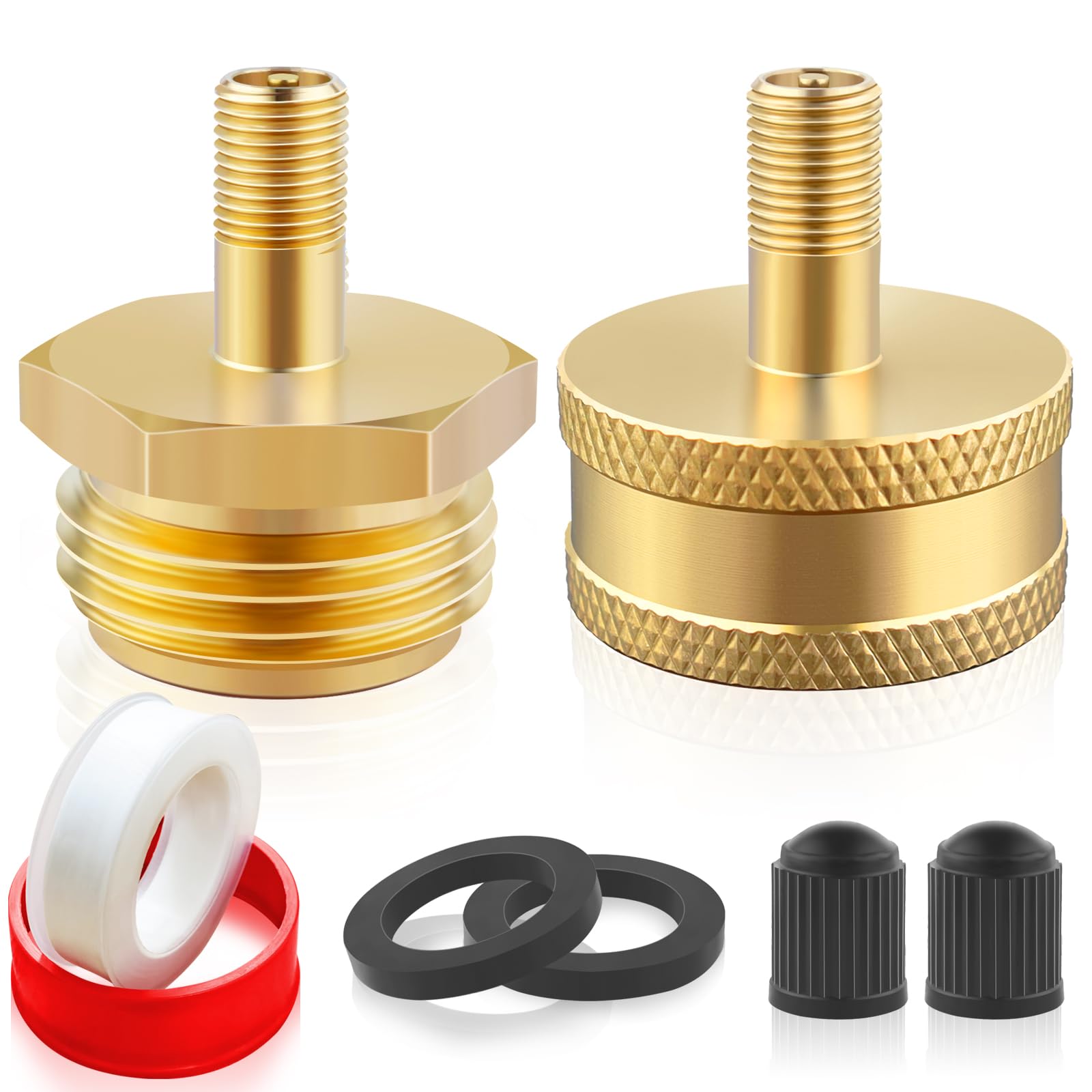 Boltigen 2Pcs RV Blow Out Winterizing Adapter, Brass Sprinkler Blowout Plug, Schrader Valve to 3/4 Garden Hose, Water Line Blow Out Adapter Fitting with Tire Inflation Valve for Camper Travel Trailer