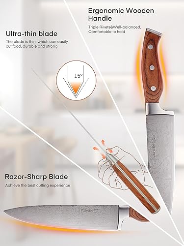 Miniatura 3 de FOHERE - Juego de cuchillos de cocina de 14 piezas con mango de madera, acero inoxidable de alto carbono, juego de bloques de cuchillos